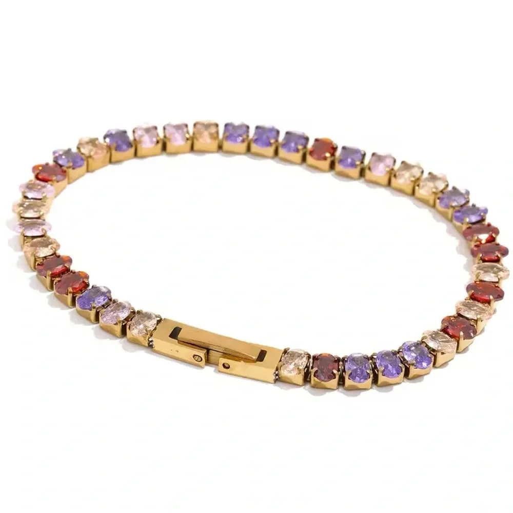 Colorful Zirconia 18K Gold Stainless Steel Waterproof Tennis Bracelet